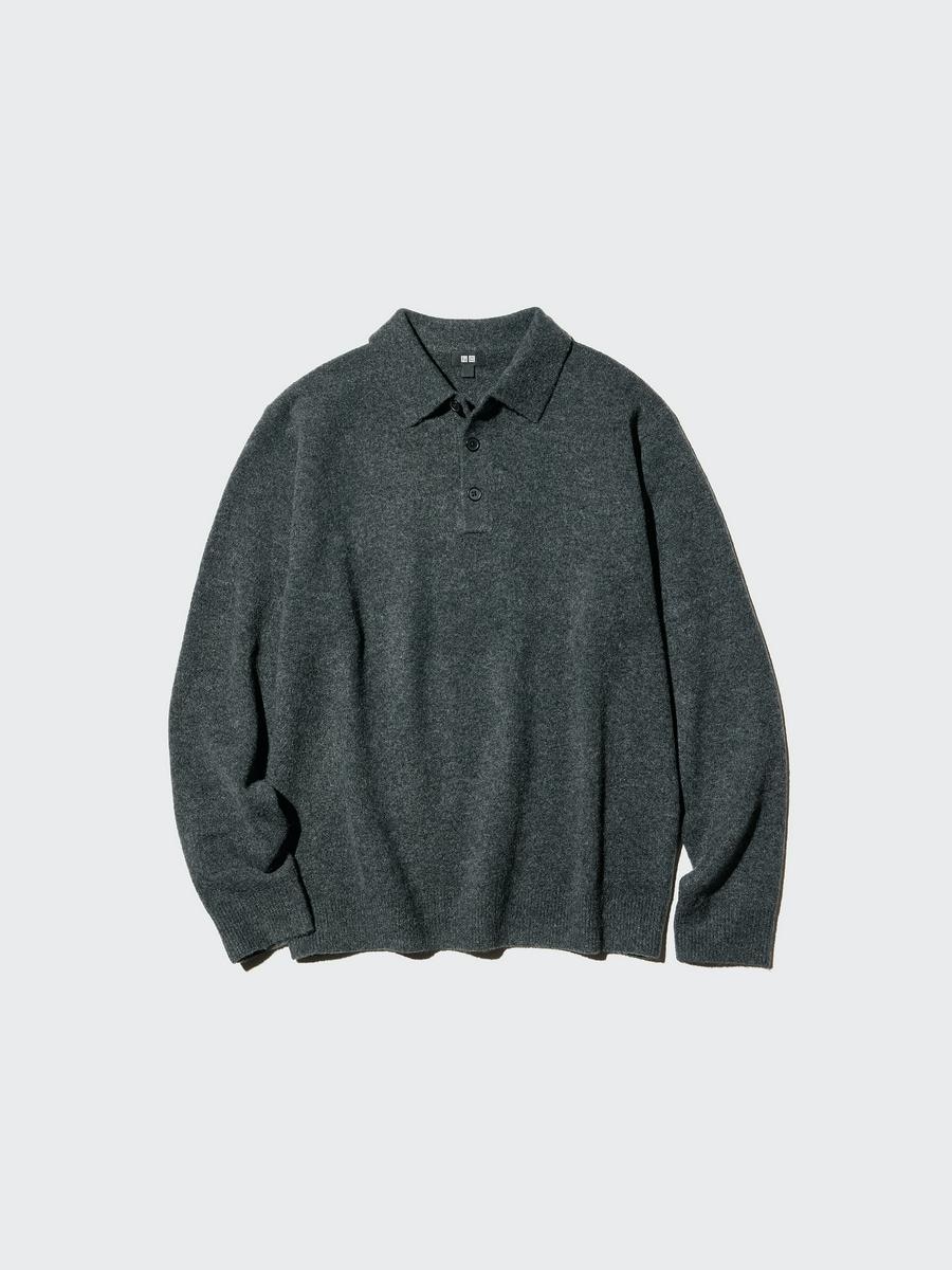 Uniqlo Men's Souffle Yarn Polo Sweater, Dark Gray, 2xs