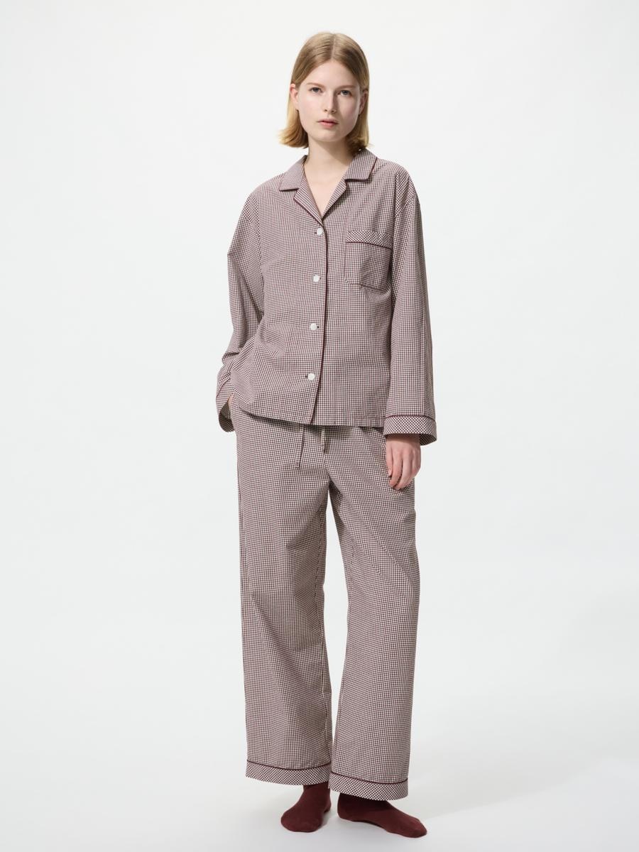 UNIQLO Women's Cotton Pajamas Long Sleeve Gingham Check, Wine, XL, 100% Cotton