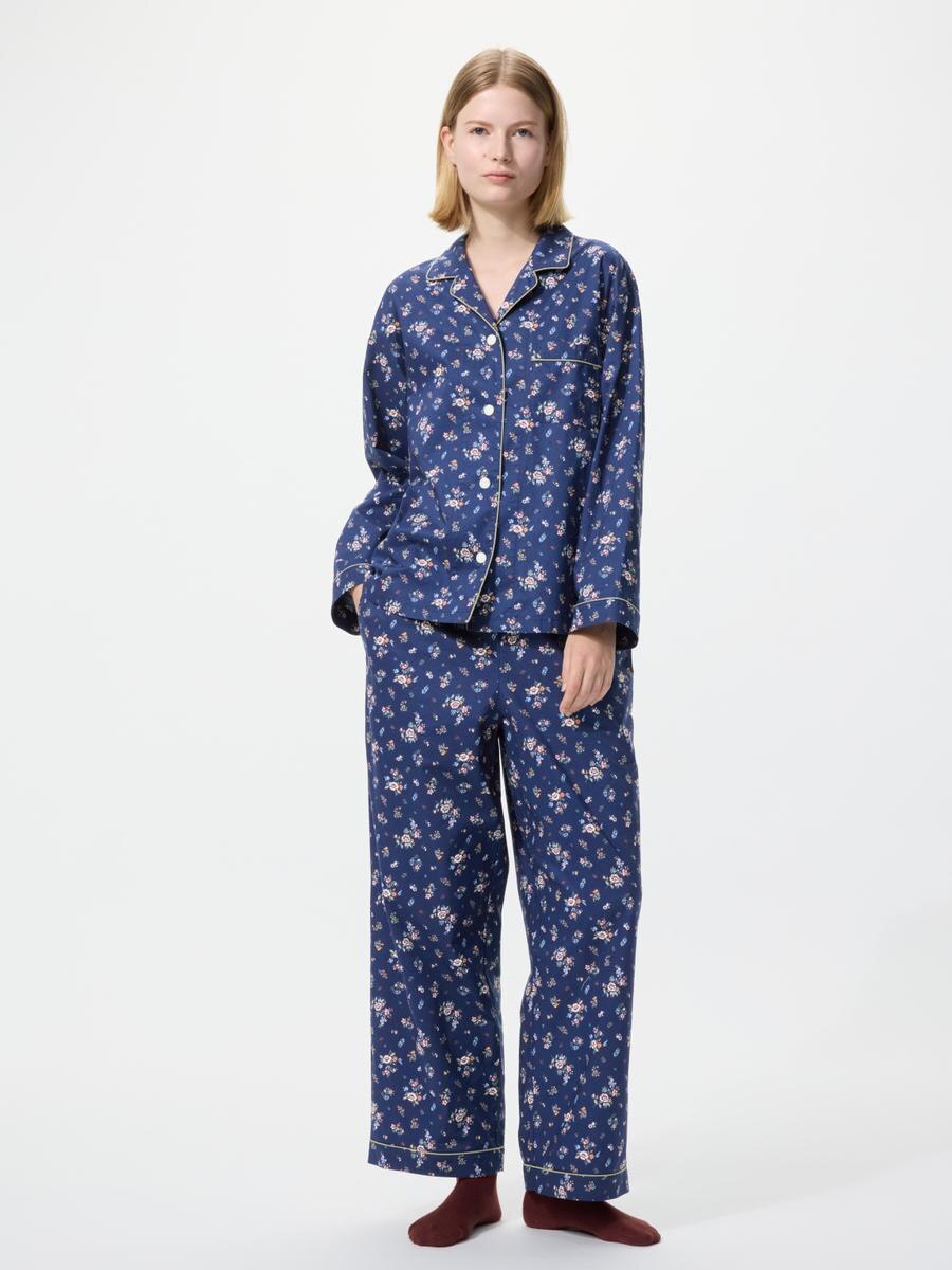 UNIQLO Women's Cotton Pajamas Long Sleeve Flower, Navy, XS, 100% Cotton