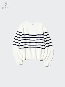 3D Knit Cotton Crew Neck Volume Sleeve Sweater
