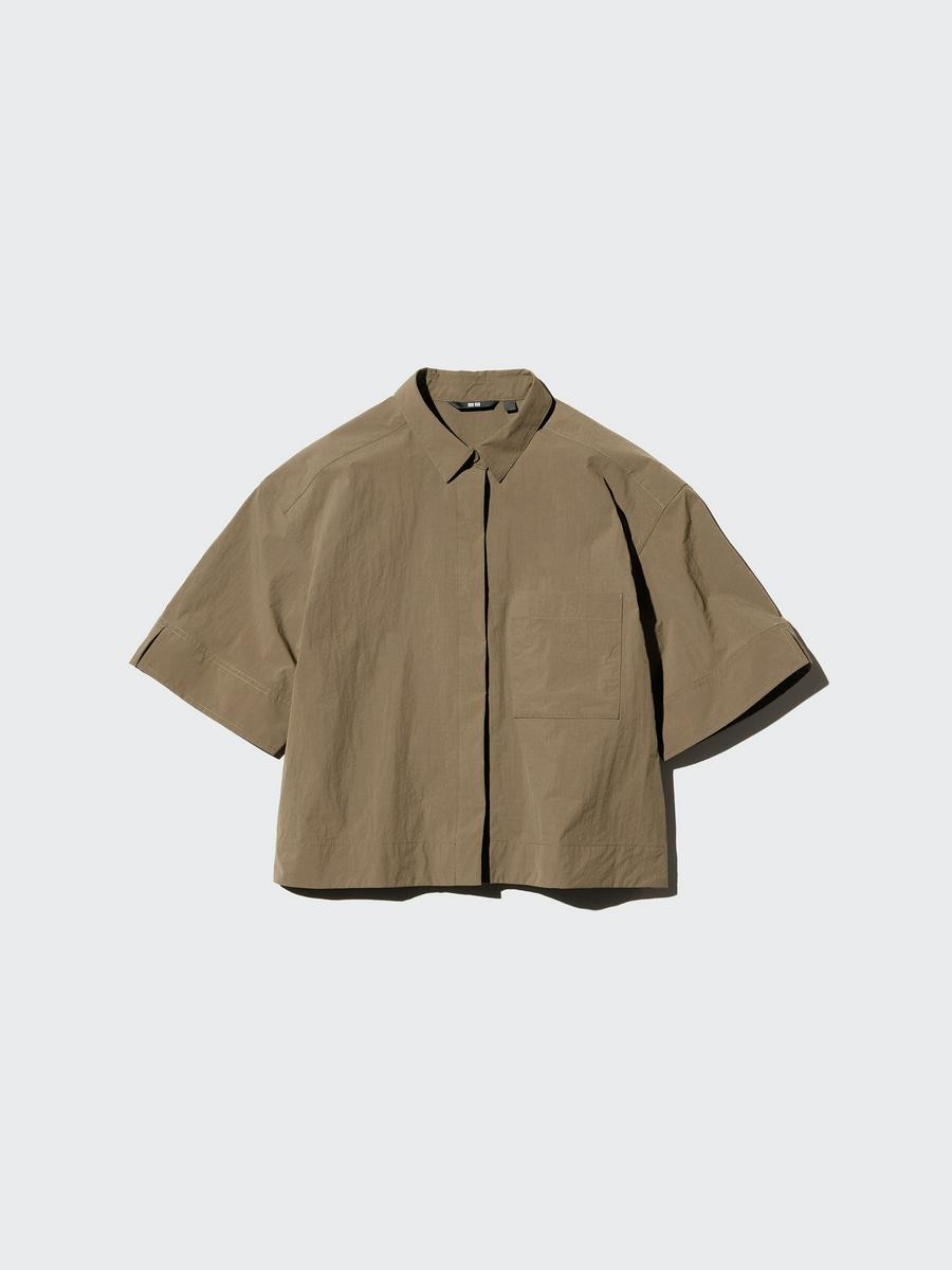 UNIQLO Women's Nylon Boxy Shirt Half Sleeve, Brown, Large