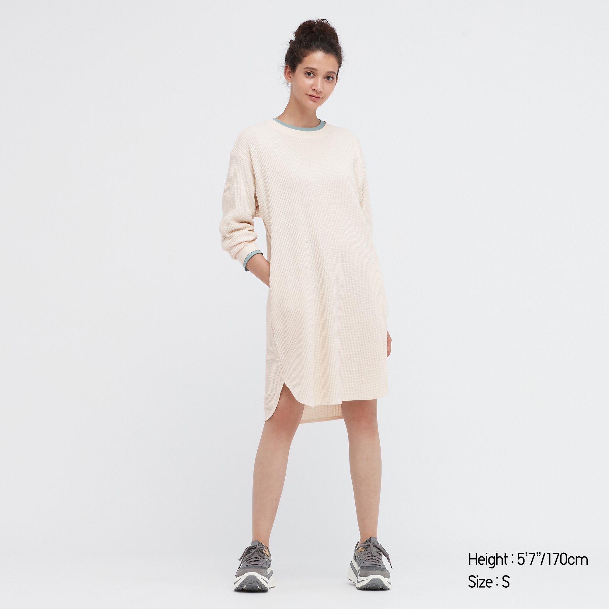 WAFFLE CREW NECK LONG SLEEVE DRESS 