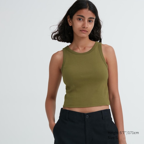 Uniqlo ribbed bra top forest muted green S, Women's Fashion, Tops