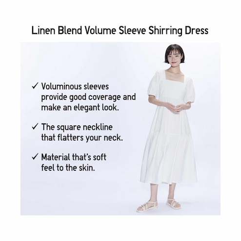 WOMEN'S LINEN BLEND VOLUME SLEEVE SHIRRING DRESS