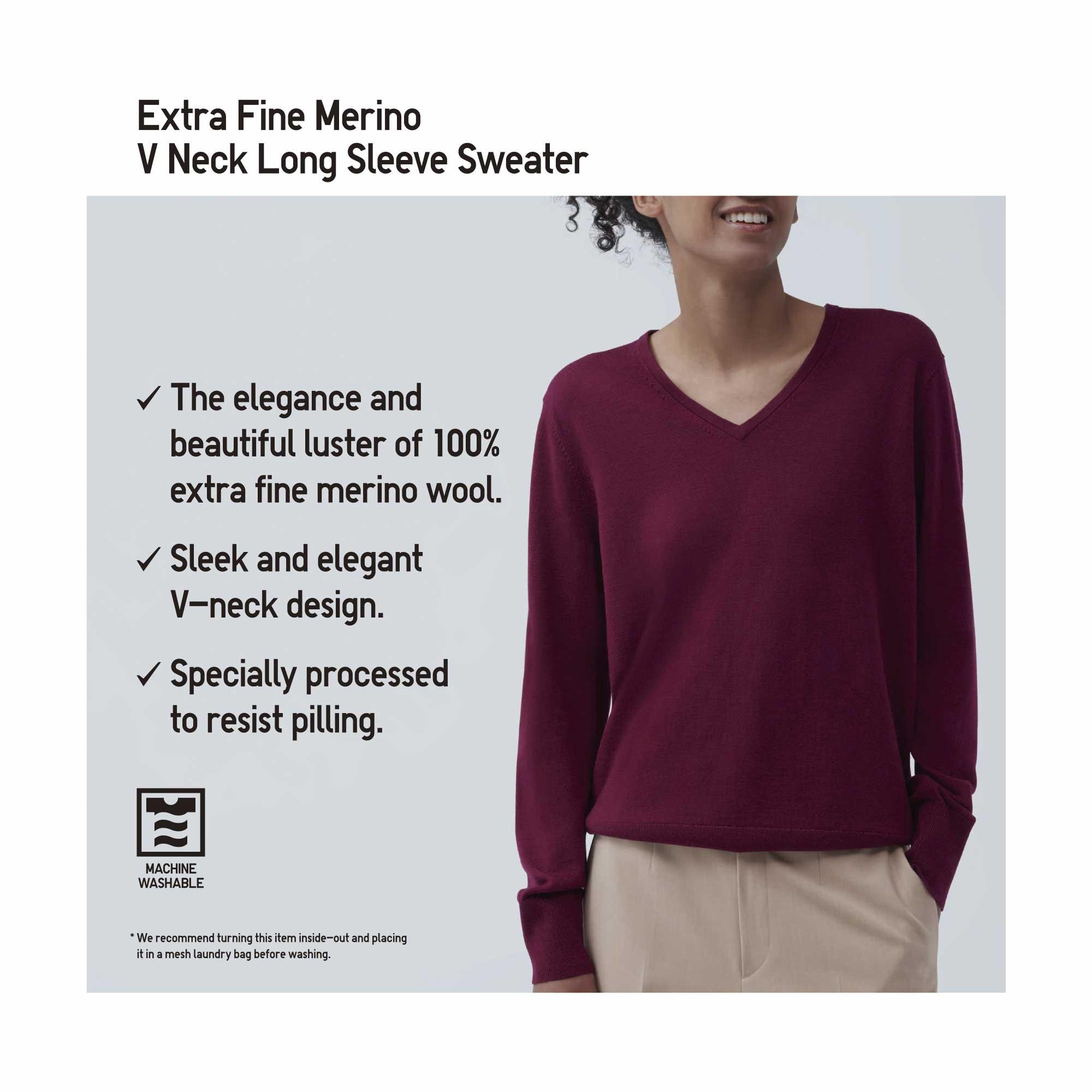 WOMEN'S 100% EXTRA FINE MERINO LONG SLEEVE V NECK SWEATER | UNIQLO AU