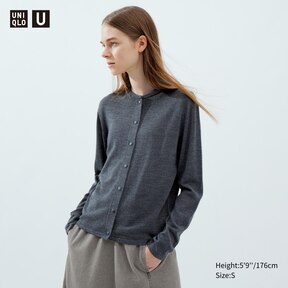Uniqlo Womens Linen Blend Long Cardigan Open Front Gray Pockets Size M C50