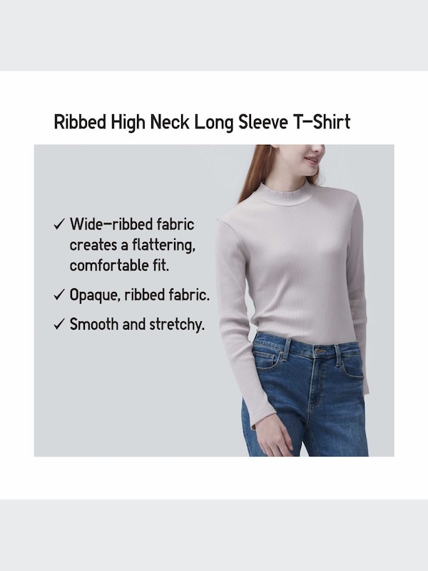 Ribbed High Neck Long Sleeve Striped T-Shirt