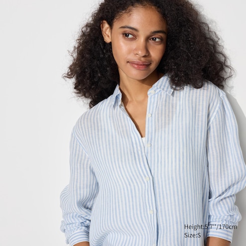 WOMEN'S 100% PREMIUM LINEN STRIPED LONG SLEEVE SHIRT