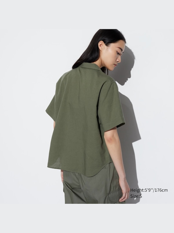 Linen Blend Open Collar Short Sleeve Shirt