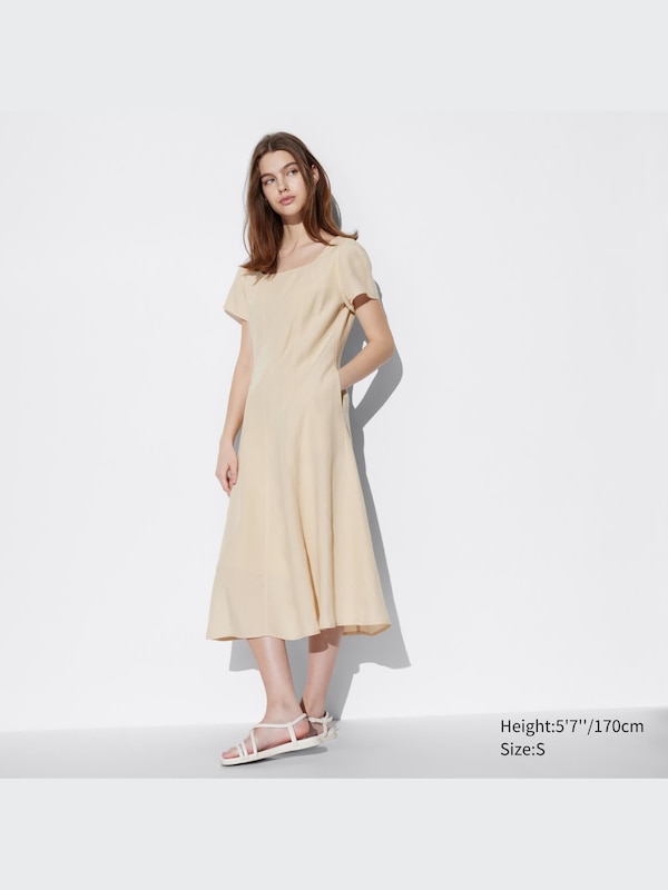 Linen Blend Square Neck Short Sleeve Dress