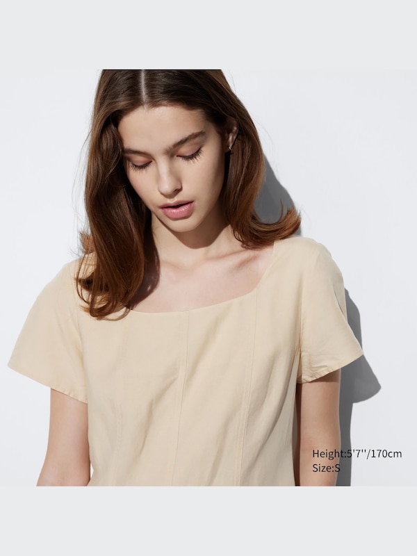 Linen Blend Square Neck Short Sleeve Dress