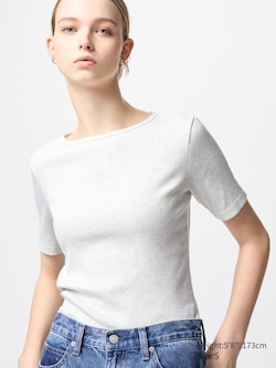 Ribbed Boat Neck Half Sleeve T-Shirt