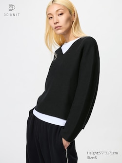 3D Knit Cotton Relaxed V Neck Sweater