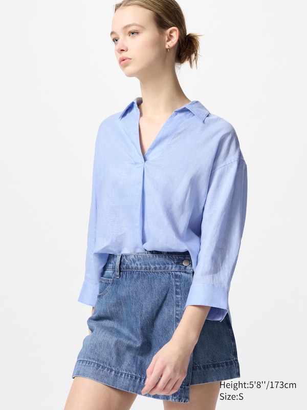 100% European Premium Linen Skipper Collar 3/4 Sleeve Shirt