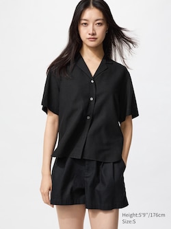 Linen Blend Open Collar Short Sleeve Shirt