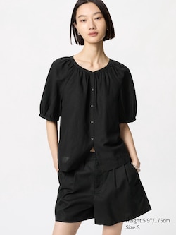 Linen Blend Volume Short Sleeve Blouse