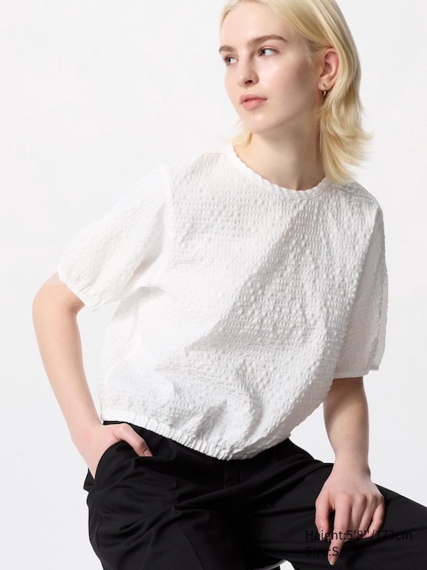 Seersucker Volume Short Sleeve Blouse