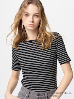 Ribbed Boat Neck Half Sleeve T-Shirt