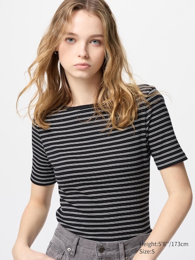 Ribbed Boat Neck T-Shirt (Half Sleeve, Stripe)