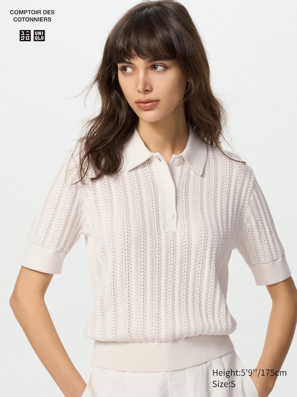COMPTOIR DES COTONNIERS Cotton Popcorn Polo Sweater Short Sleeve
