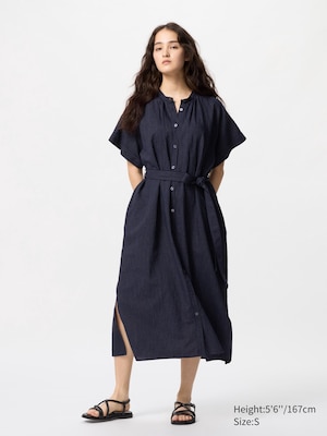 Linen Blend Shirring Dress