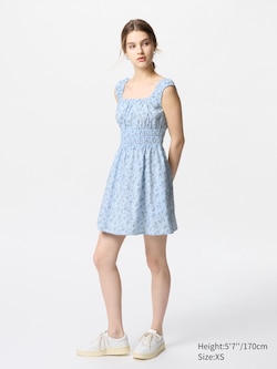 Cotton Gathered Mini Sleeveless Dress