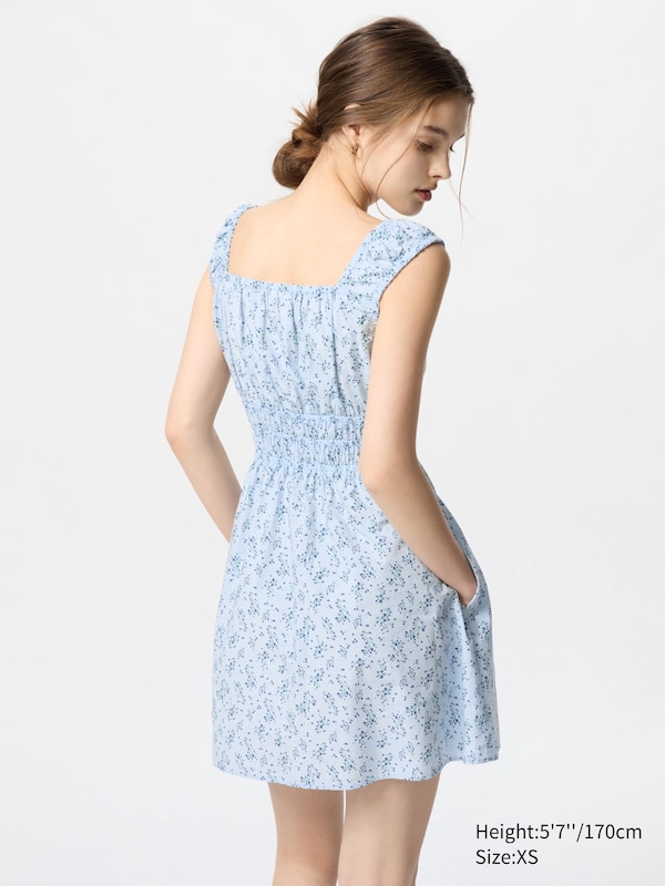 Cotton Gathered Mini Sleeveless Dress