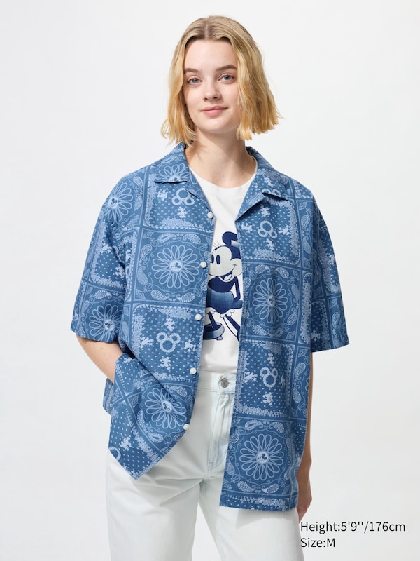 Disney In Blue Cotton Linen Short Sleeve Shirt