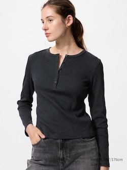 Ribbed Henley Neck Long Sleeve T-Shirt