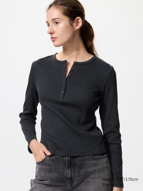 Ribbed Henley Neck Long Sleeve T-Shirt