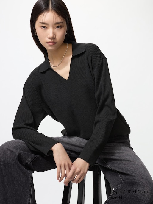 Washable Knit Ribbed Polo Sweater