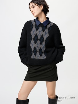 Fluffy Argyle Crew Neck Sweater