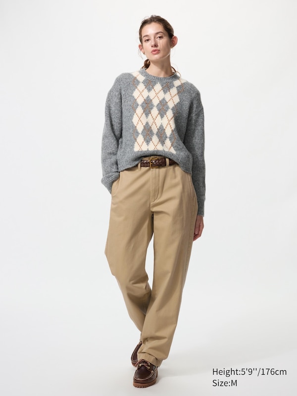 Fluffy Argyle Crew Neck Sweater