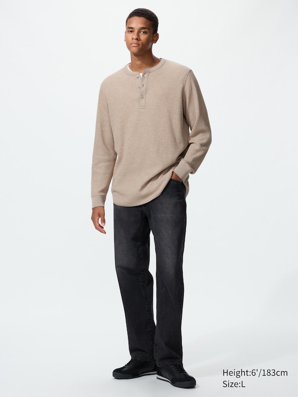 Waffle Henley Neck T-Shirt Long Sleeve