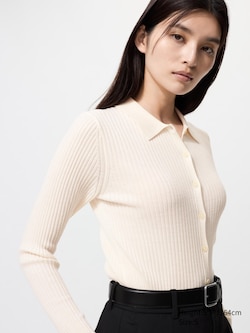 Merino Blend Ribbed Polo Cardigan