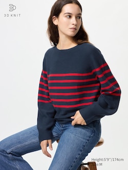 3D Knit Cotton Crew Neck Volume Sleeve Sweater