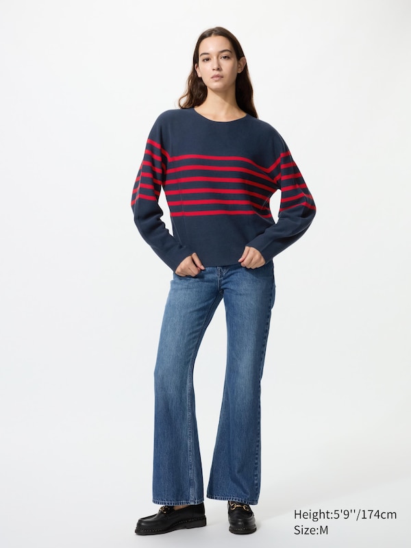 3D Knit Cotton Crew Neck Volume Sleeve Sweater