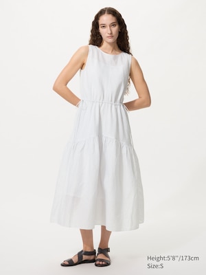 Linen Blend Tiered Dress Sleeveless (Striped)