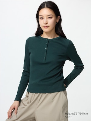 Ribbed Henley Neck Long Sleeve T-Shirt