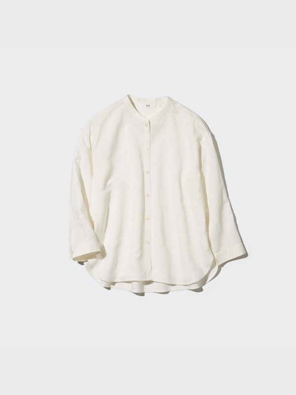 LINEN BLEND BAND COLLAR 3/4 SLEEVE SHIRT