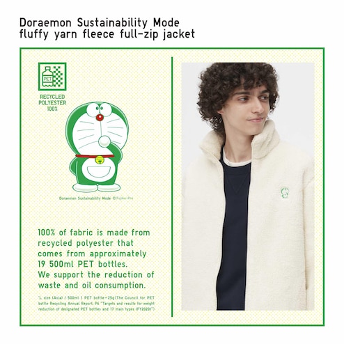 UNIQLO on X: OUT NOW: Doraemon Sustainability Mode Fluffy Fleece Jacket.  For every purchase of this item and other 100% recycled polyester Fluffy  Fleece Jackets, in October, we will contribute $3 to