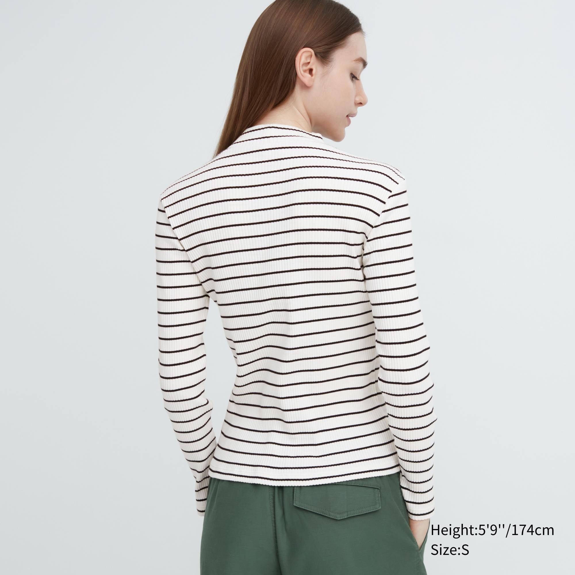 RIBBED HIGH NECK LONG SLEEVE STRIPED T-SHIRT