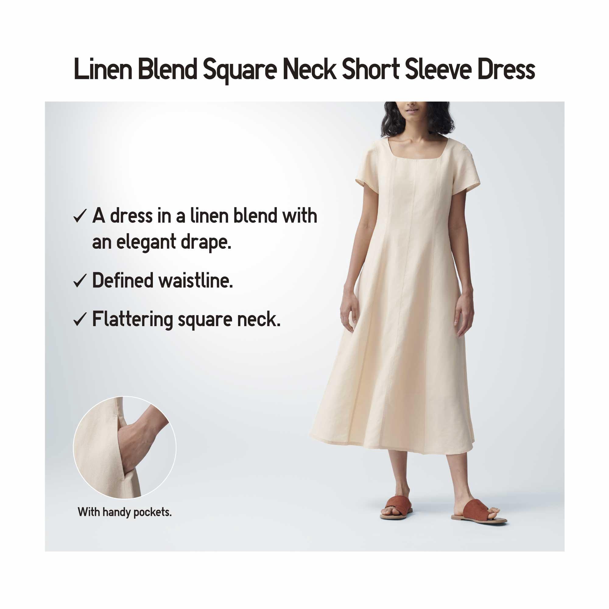 LINEN BLEND SQUARE NECK SHORT SLEEVE DRESS