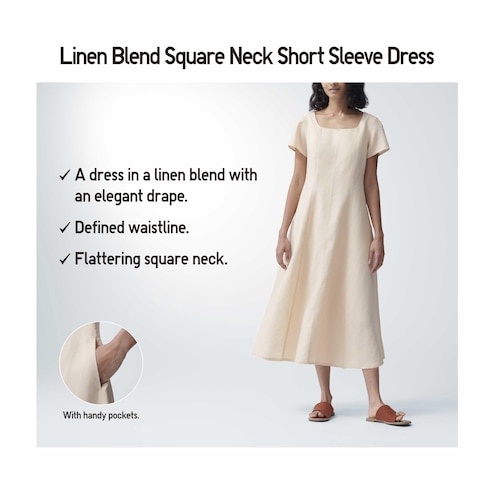 WOMEN'S LINEN BLEND SQUARE NECK SHORT SLEEVE DRESS