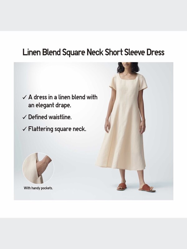 LINEN BLEND SQUARE NECK SHORT SLEEVE DRESS