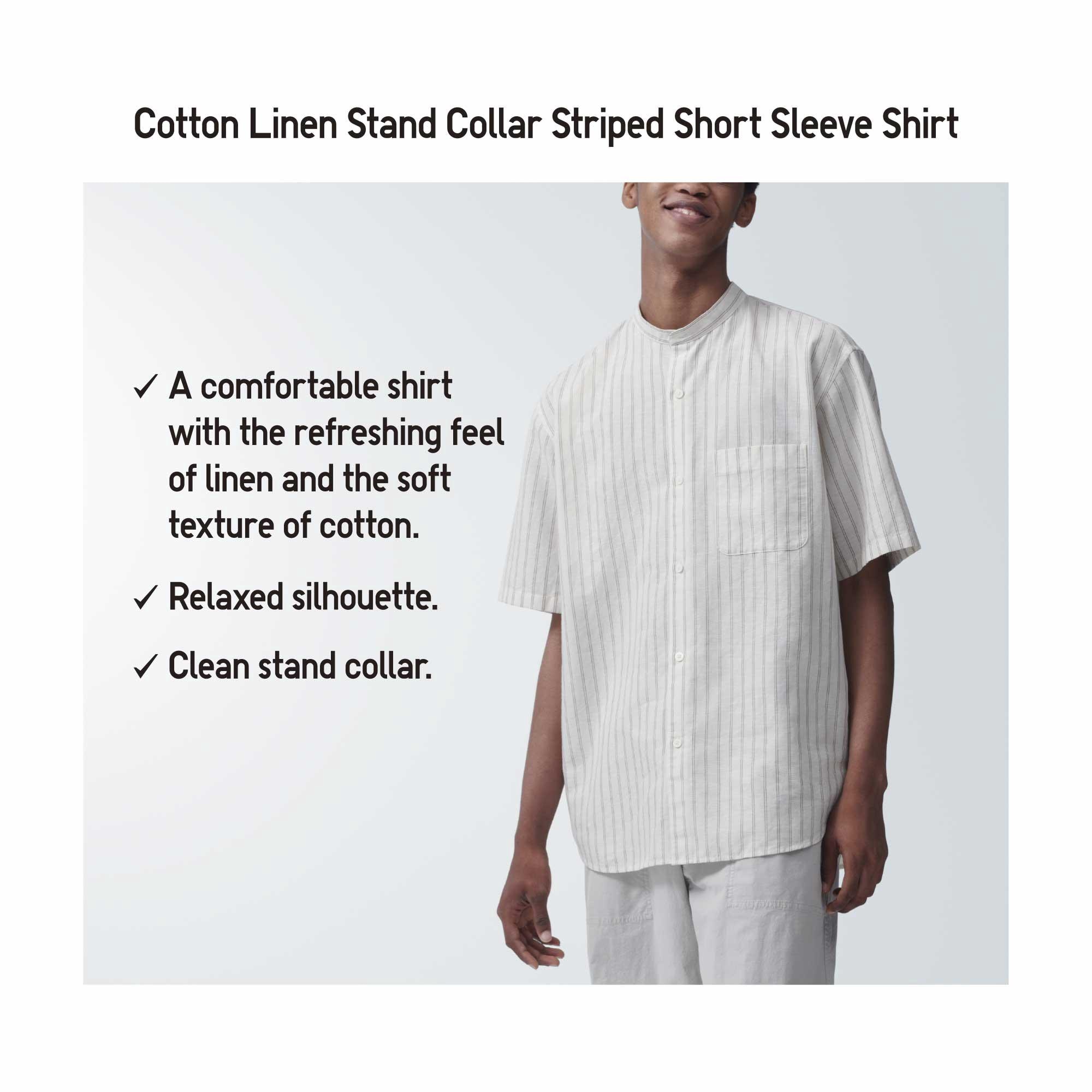 COTTON LINEN STAND COLLAR SHORT SLEEVE SHIRT