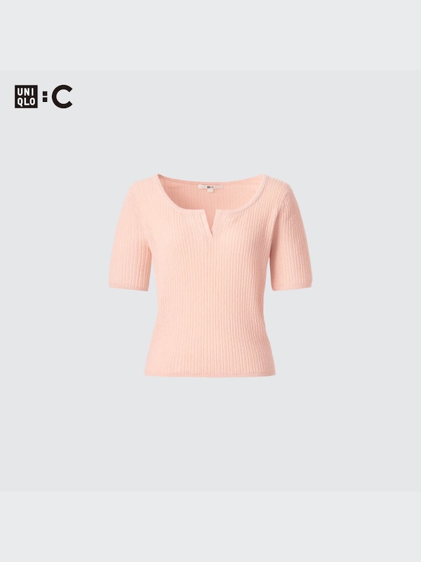 LACE KEY NECK HALF SLEEVE SHORT SWEATER