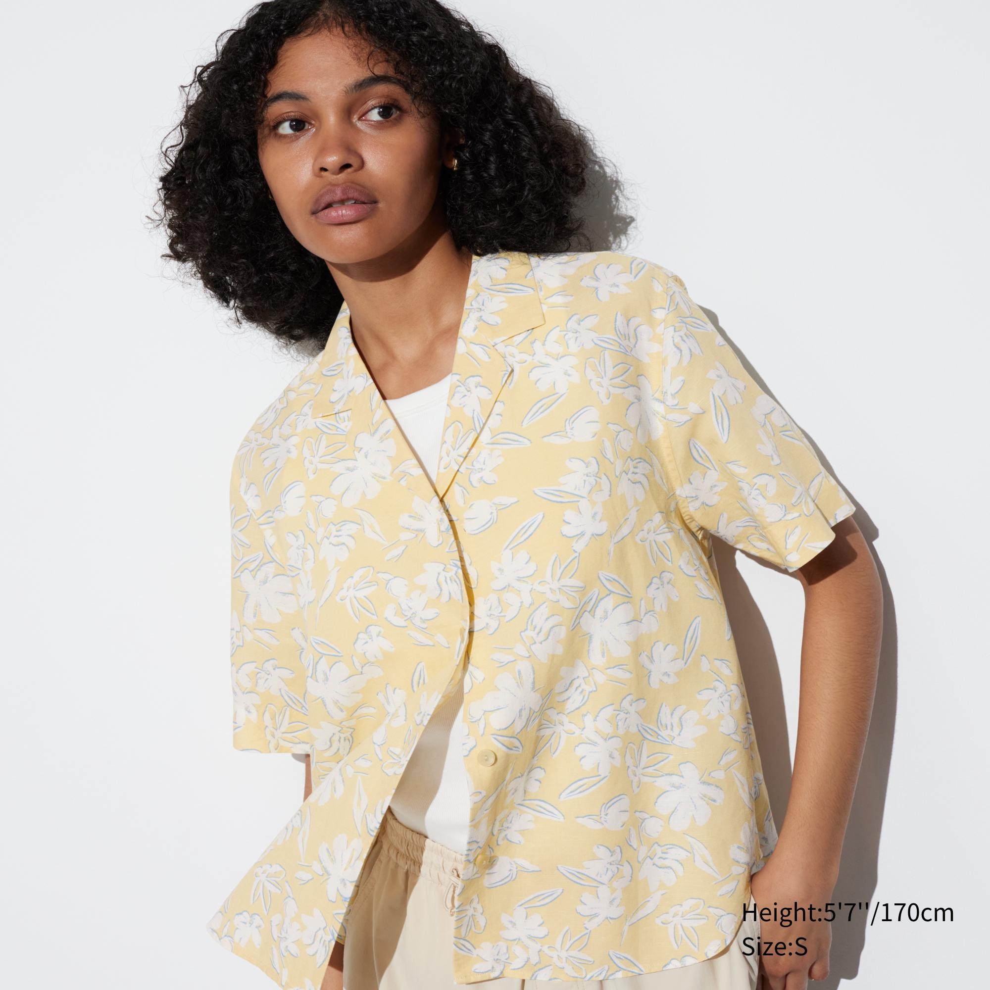 WOMEN'S LINEN BLEND PRINTED OPEN COLLAR SHORT SLEEVE SHIRT | UNIQLO CA