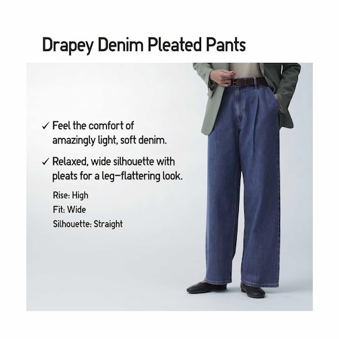 DRAPEY DENIM PLEATED PANTS
