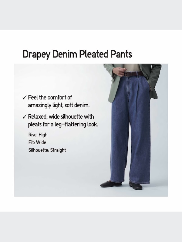 DRAPEY DENIM PLEATED PANTS